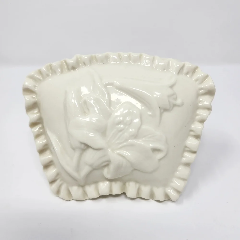 Vintage White Ceramic Glazed Footed Floral Trinket Box